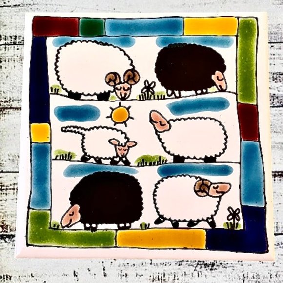 Tile Trivet Hot Plate SHEEP Hand Glazed by Team Owairaka New Zealand - Picture 9 of 11